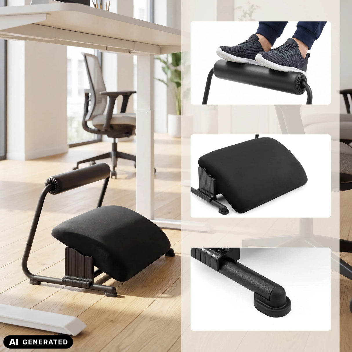 Black Podi Velvet footrest with padded surface and foot roller by hjh OFFICE (AI-generated image)