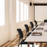 Black four-legged chairs K9 V PRO in a row at a white conference table by hjh OFFICE