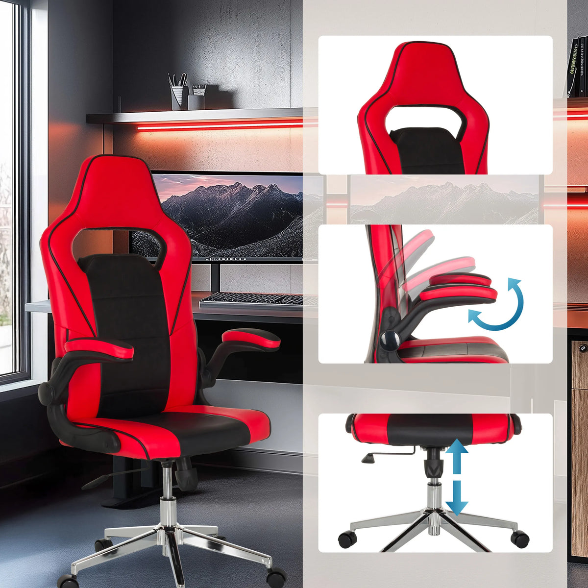 Red and black GAME SPORT PRO gaming chair with adjustable armrests and height-adjustable seat by MyBuero