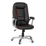 Black Gaming chair RELAX AB100 with red decorative stitching, quilting and five-caster base by MyBuero – 360-degree view (front view 20°)