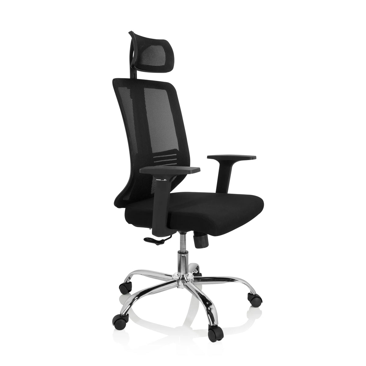 Schwarzer Home-Office-Bürostuhl ZH 200 mit Netzrücken und Fußkreuz mit fünf Rollen von hjh OFFICE – 360-Grad-Ansicht (schräge Frontansicht 60°)