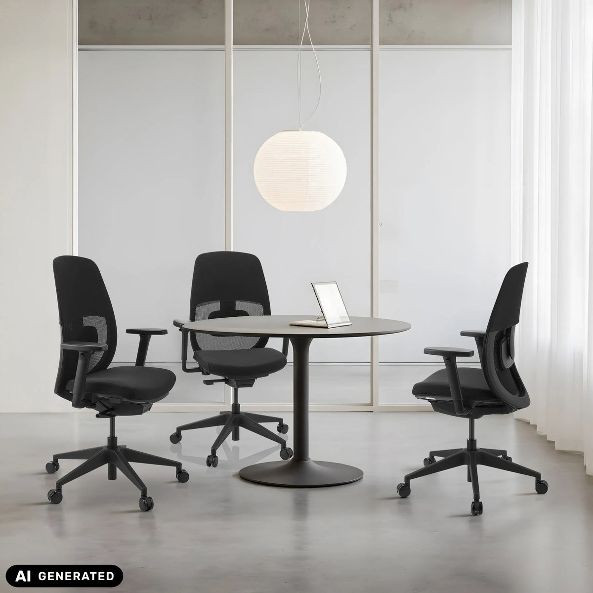 Three Skandis professional office chairs in black at a round table by hjh OFFICE (AI-generated image)