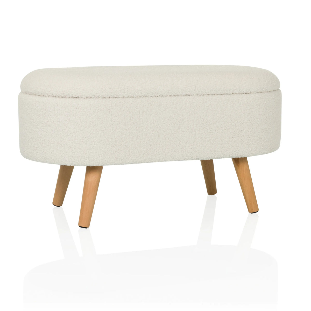 White bench STORIANO with textured fabric upholstery and four wooden legs by hjh LIVING – 360-degree view (front view 15°)