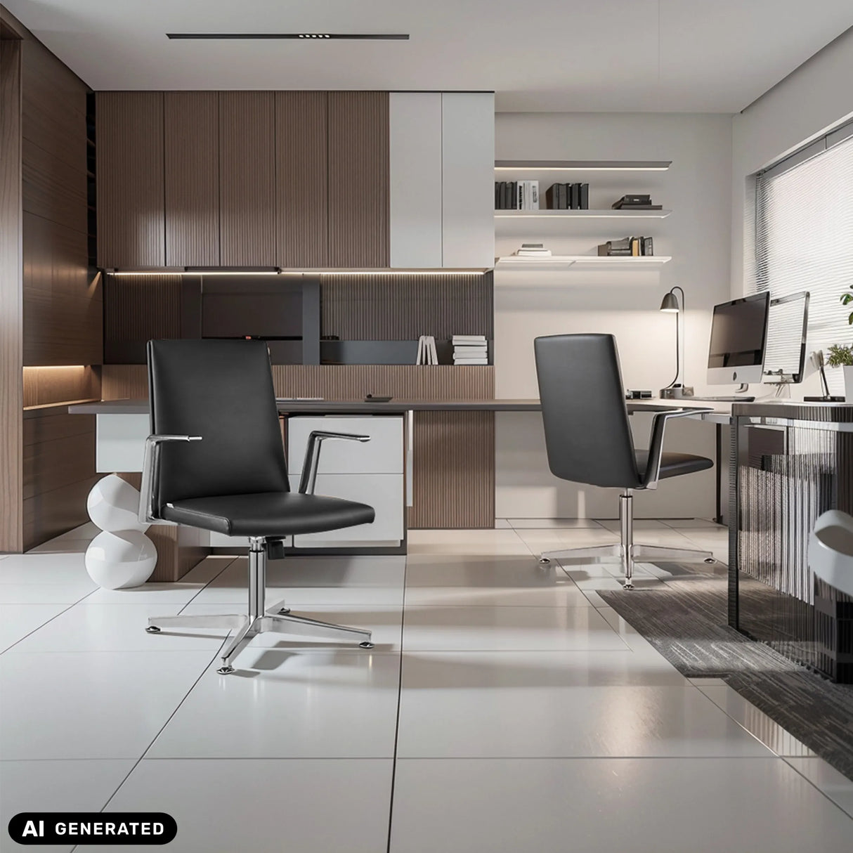 Two black AMBASSADO V guest chairs with armrests in a modern office by hjh OFFICE (AI-generated image)