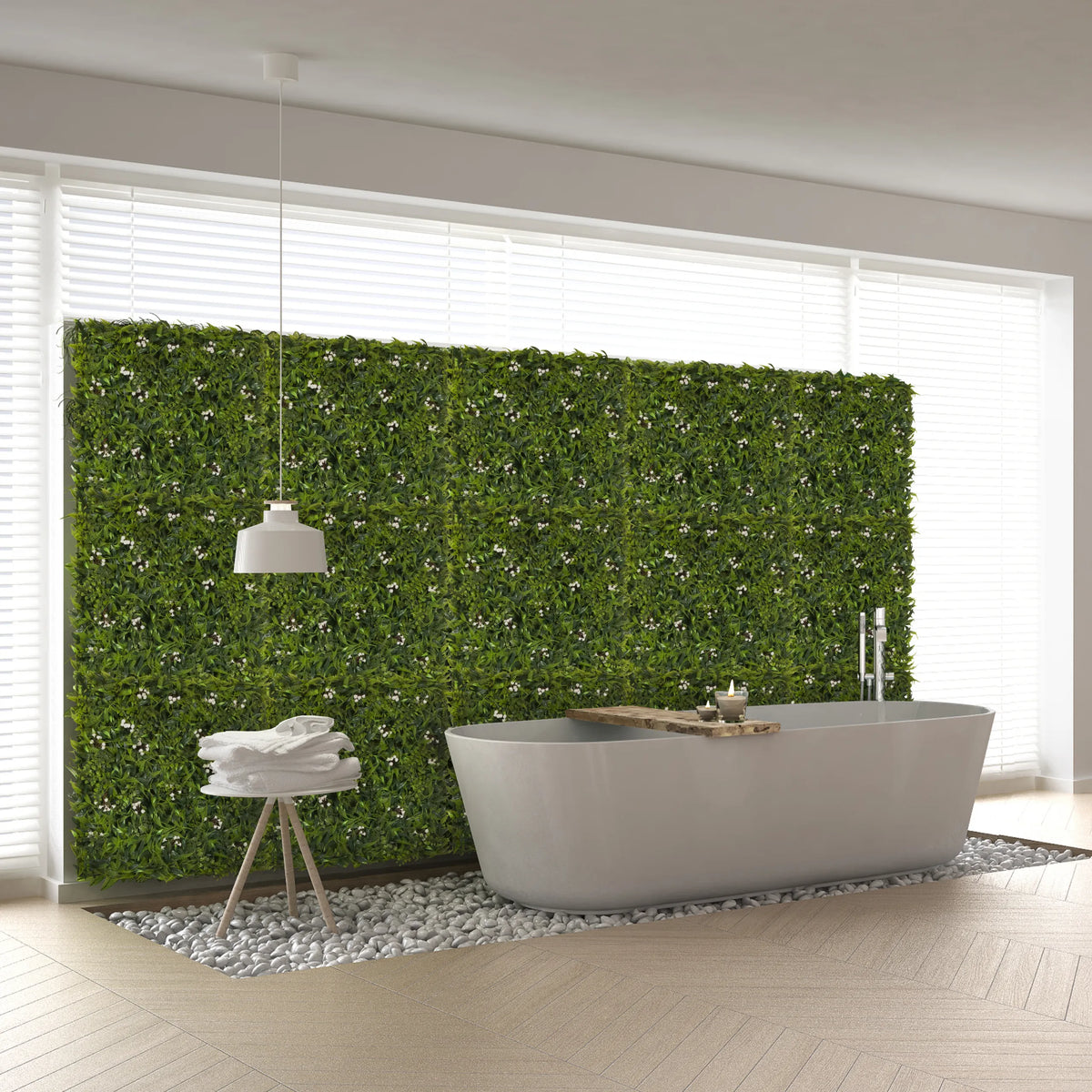 Green plant mat MORE GREEN I as vertical wall greenery in a bathroom by hjh OFFICE