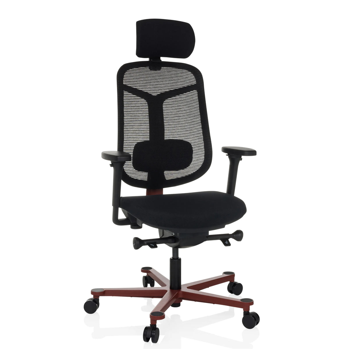 Black high end office chair BICOLORE HIGH with mesh back, headrest and red five-caster base by hjh OFFICE – 360-degree view (front view 15°)