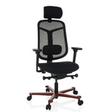 Black high end office chair BICOLORE HIGH with mesh back, headrest and red five-caster base by hjh OFFICE – 360-degree view (front view 15°)