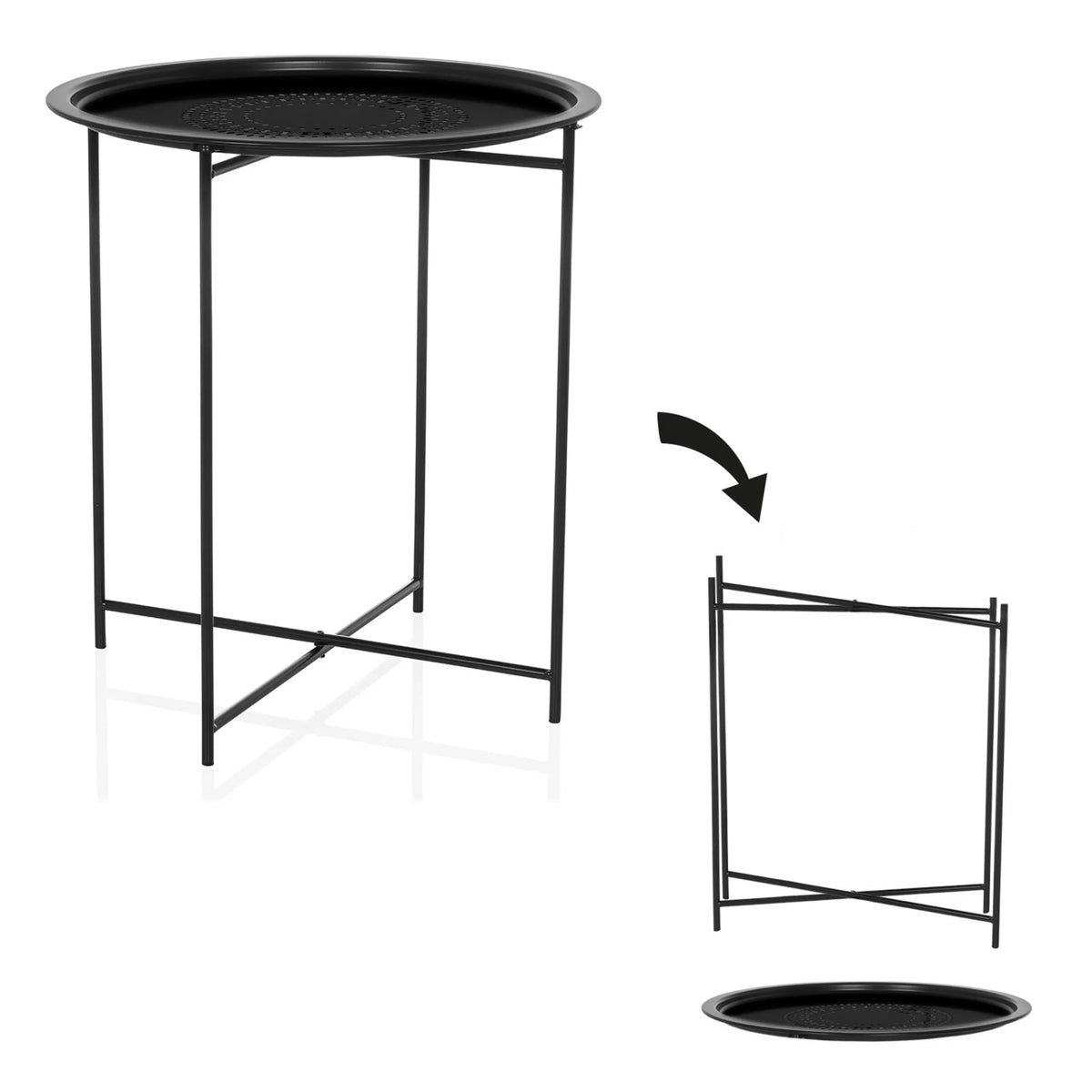 Exploded view of the ALLRUND side table in black with perforated top by hjh LIVING