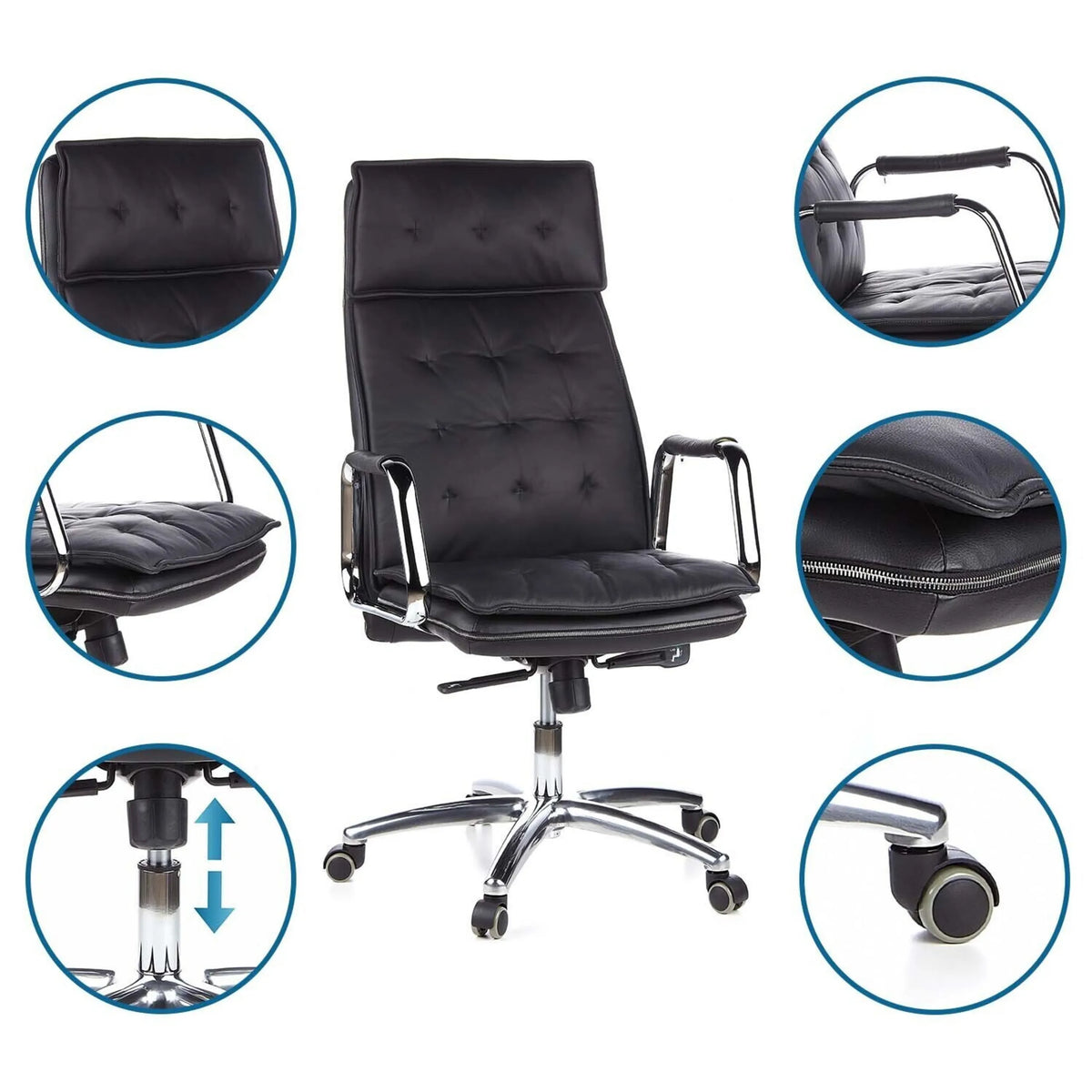 Professional Executive Chair VILLA 20 in black with detailed views of the upholstery, gas spring and castors by hjh OFFICE