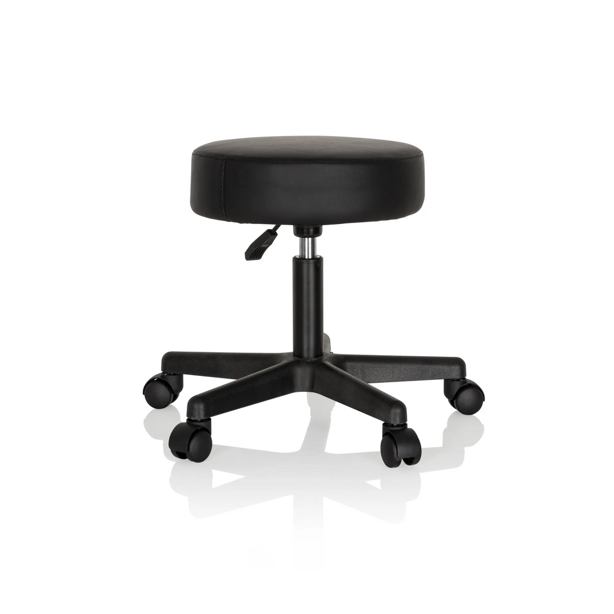Black Swivel stool OPERATOR I with padded seat and five-caster base by hjh OFFICE – 360-degree view (rear three-quarter view 140°)