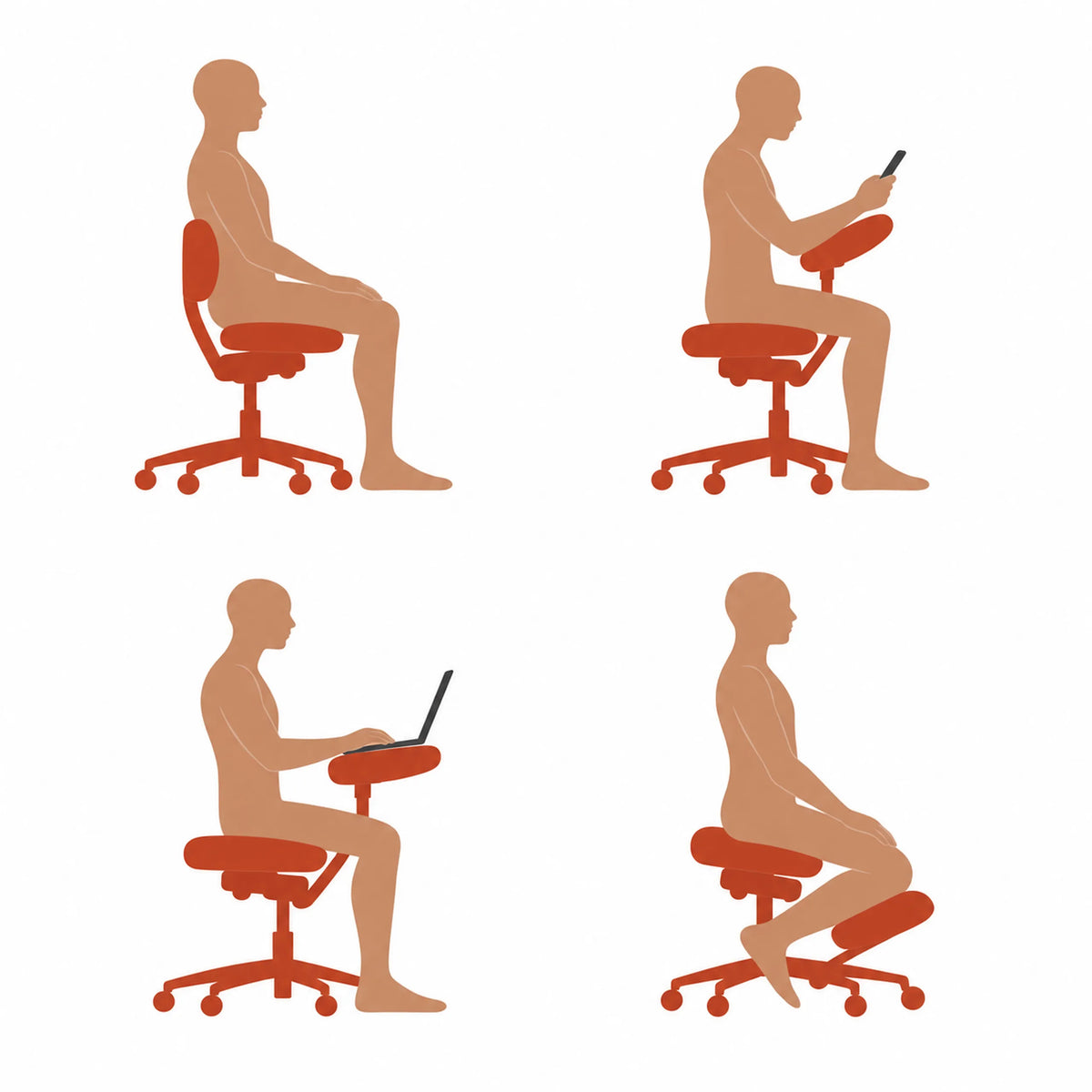 Schematic representation of four different seating positions on the EvoShift kneeling chair by hjh OFFICE