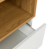 Pulled-out white drawer under an oak-effect shelf of the Chest of drawers MELMO K by hjh LIVING