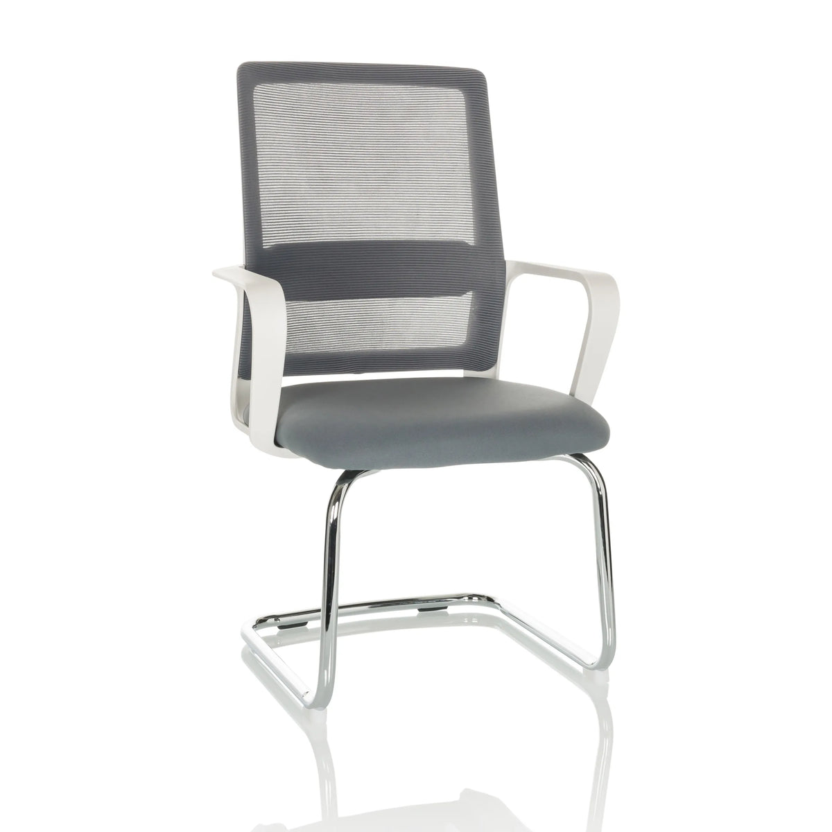 Grey Cantilever chair VISITER W with mesh back, armrests and chrome frame by hjh OFFICE – 360-degree view (front view 15°)