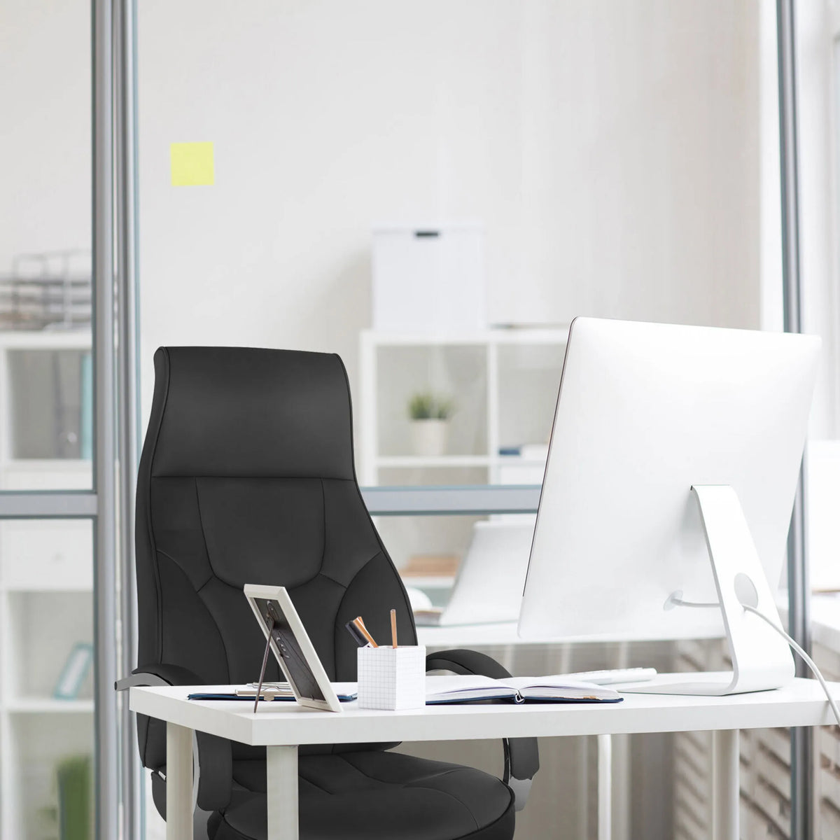 Grey Professional Executive Chair ELEGANCE I at a white desk with a computer monitor by hjh OFFICE