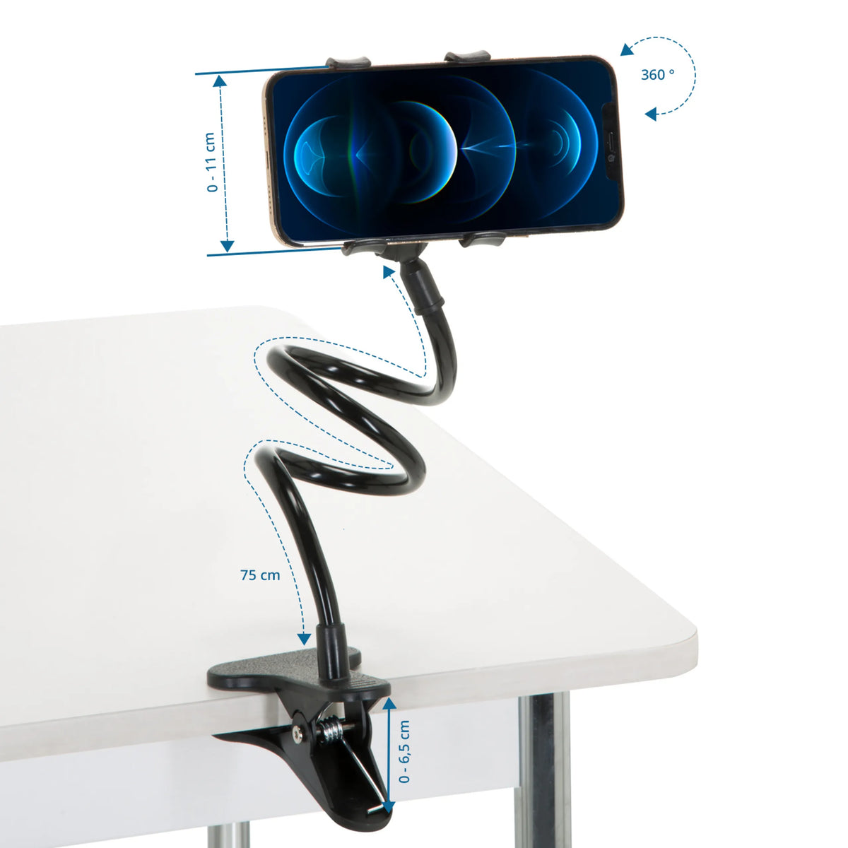 Dimensional drawing of the Mobile phone & tablet holder FLEXMOBI with 75 cm arm length by hjh OFFICE