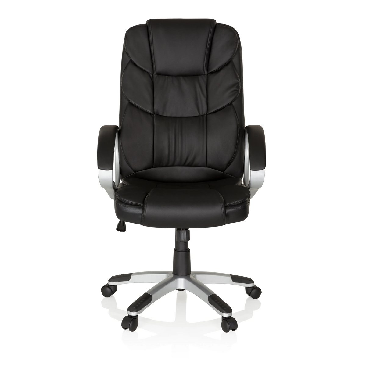 Schwarzer Homeoffice Chefsessel RELAX BY155 mit Armlehnen und Fußkreuz mit fünf Rollen von MyBuero – 360-Grad-Ansicht (Frontansicht 0°)