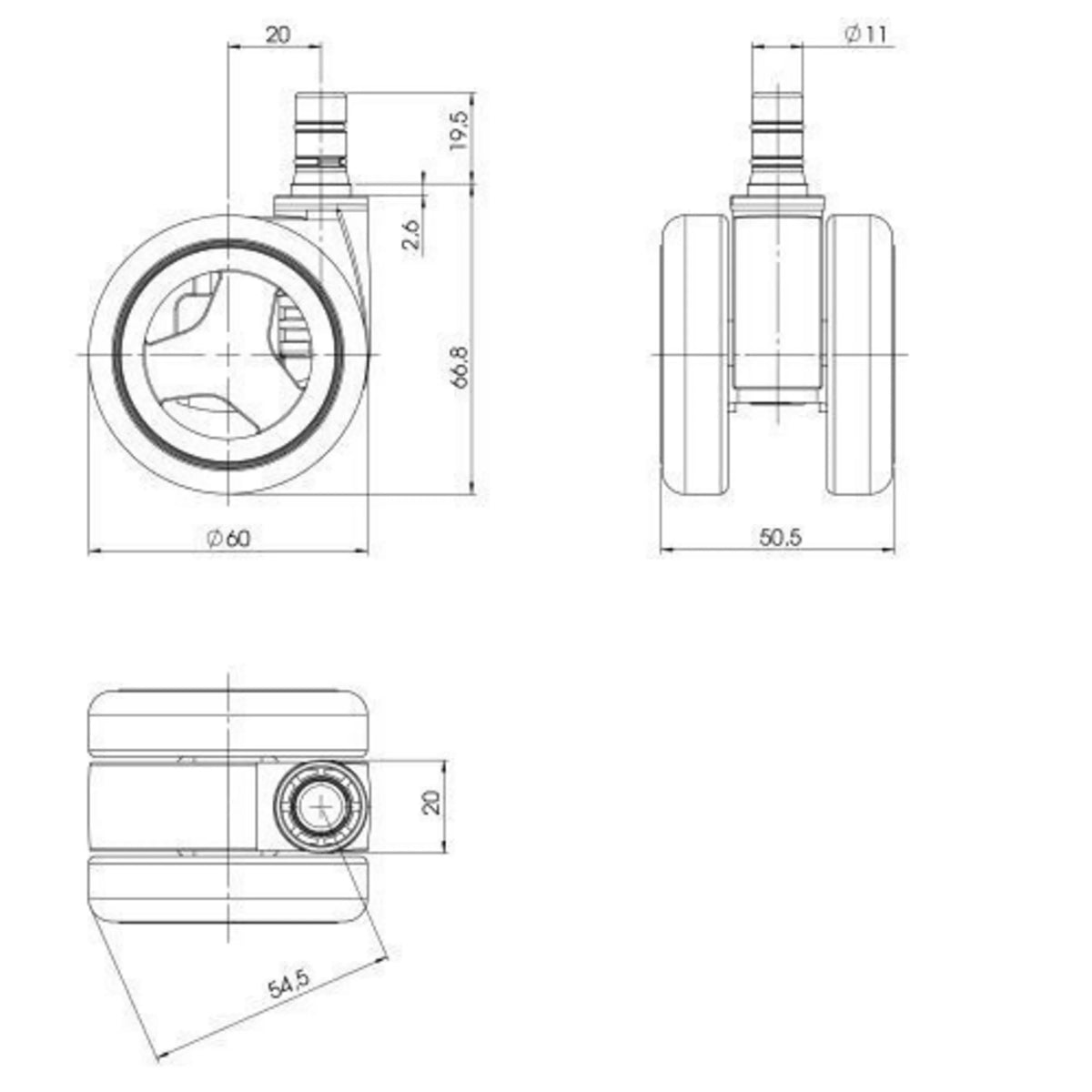 Technical drawing of the 60 mm diameter Castors 5x ROLO GAME No-Noise 11mm/60mm by hjh OFFICE