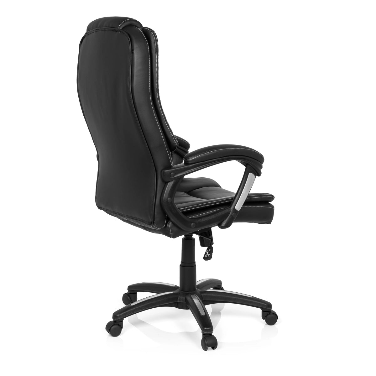 Schwarzer Homeoffice-Bürostuhl RELAX CL120 mit Polsterung und Fußkreuz mit fünf Rollen von MyBuero – 360-Grad-Ansicht (schräge Rückenansicht 120°)