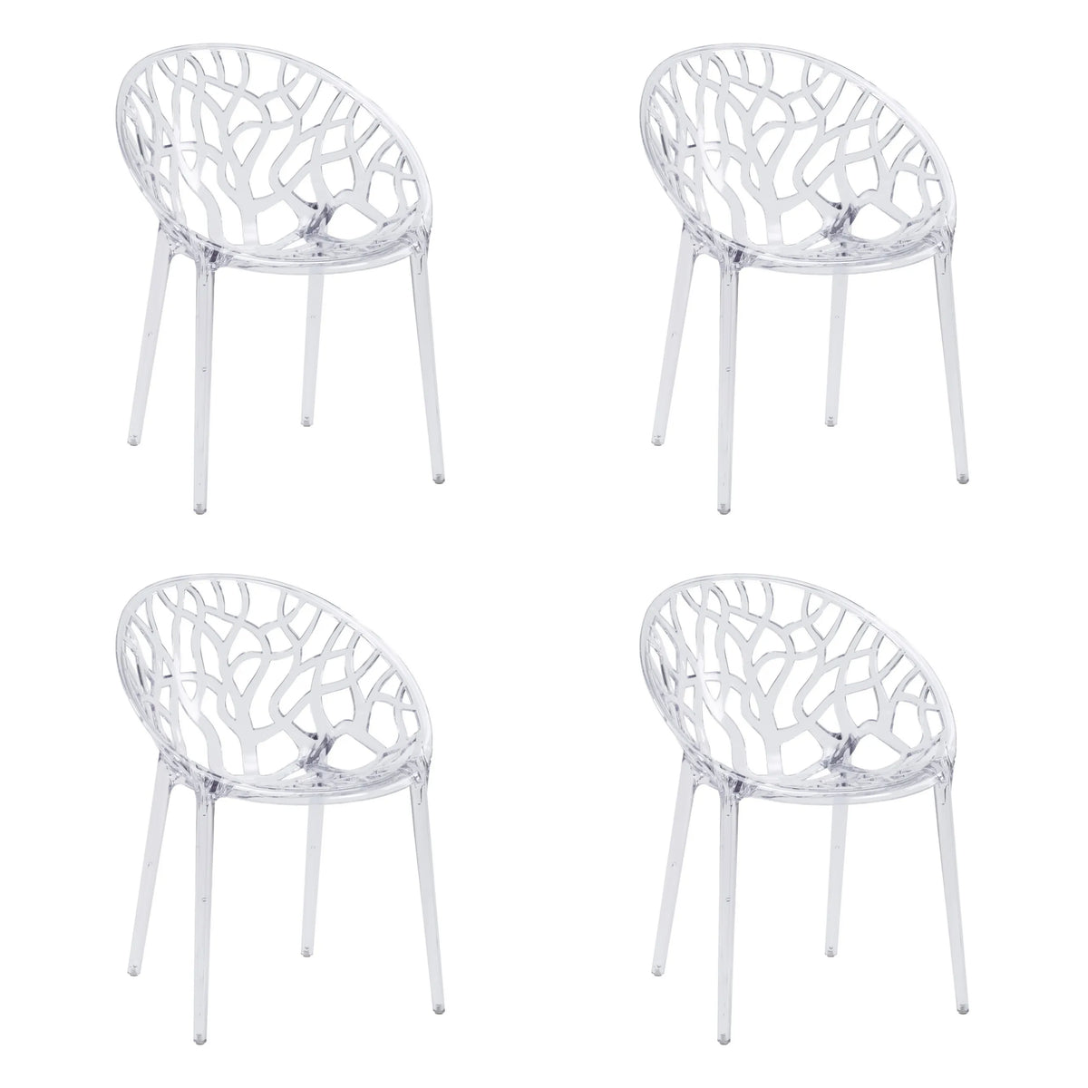 Set of four transparent Artifo T four-legged chairs with organically patterned backrests by hjh LIVING