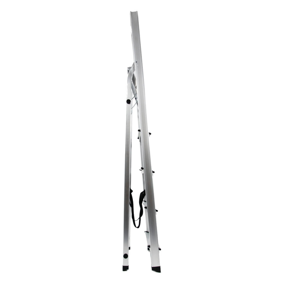 Side view of the SOLID III aluminium folding ladder with five steps and a carrying strap by hjh OFFICE