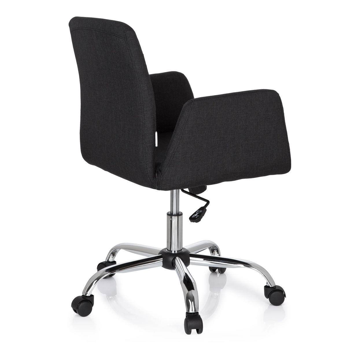 Black Home Office Chair FLOW with armrests and glossy five-caster base by hjh OFFICE – 360-degree view (rear three-quarter view 120°)
