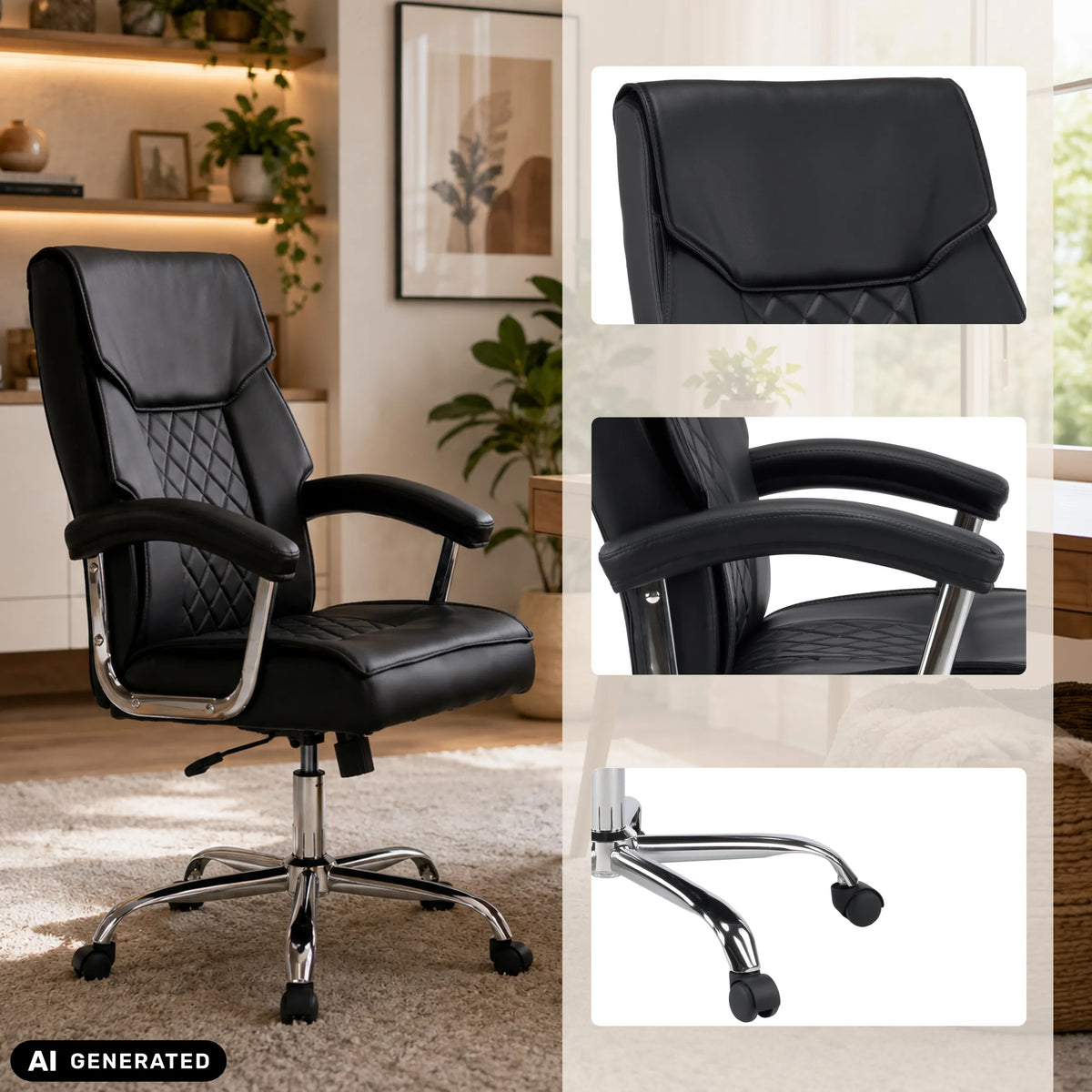 Black Relax Prestio Home Office Chair with quilted pattern, armrests and chrome base with castors by MyBuero
