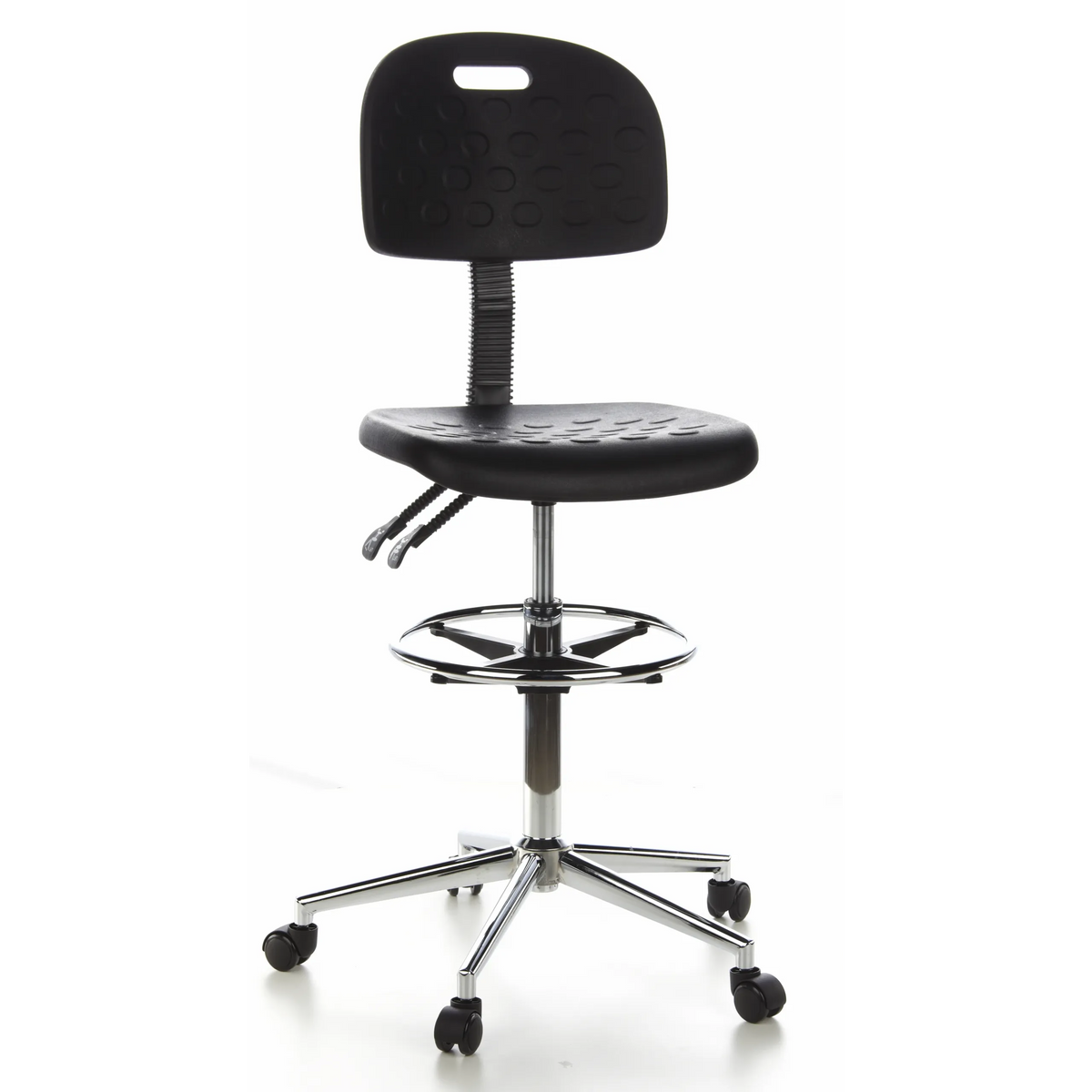Black Counter chair TOP WORK 23 with foot ring and five-caster base by hjh OFFICE – 360-degree view (front view 20°)