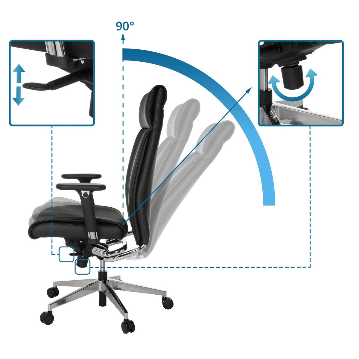 Adjustment options for the backrest and armrests of the Professional Executive Chair CURYO including 90-degree tilt by hjh OFFICE