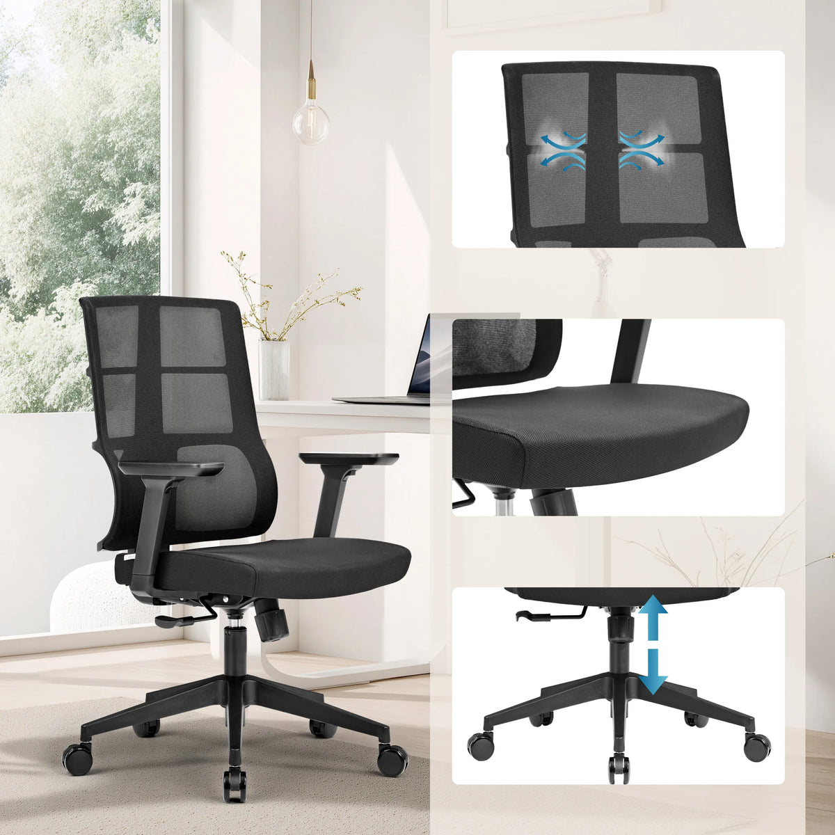 Professional Office Chair SPINIO in black with breathable backrest and height-adjustable gas lift by hjh OFFICE