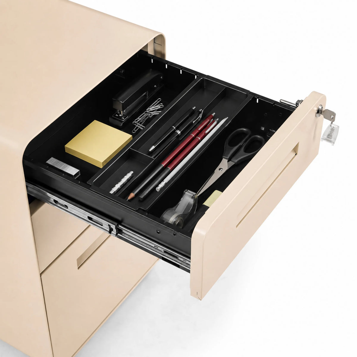 Open drawer with organiser insert and office supplies of the COLOR PLUS I mobile drawer unit in beige by hjh OFFICE