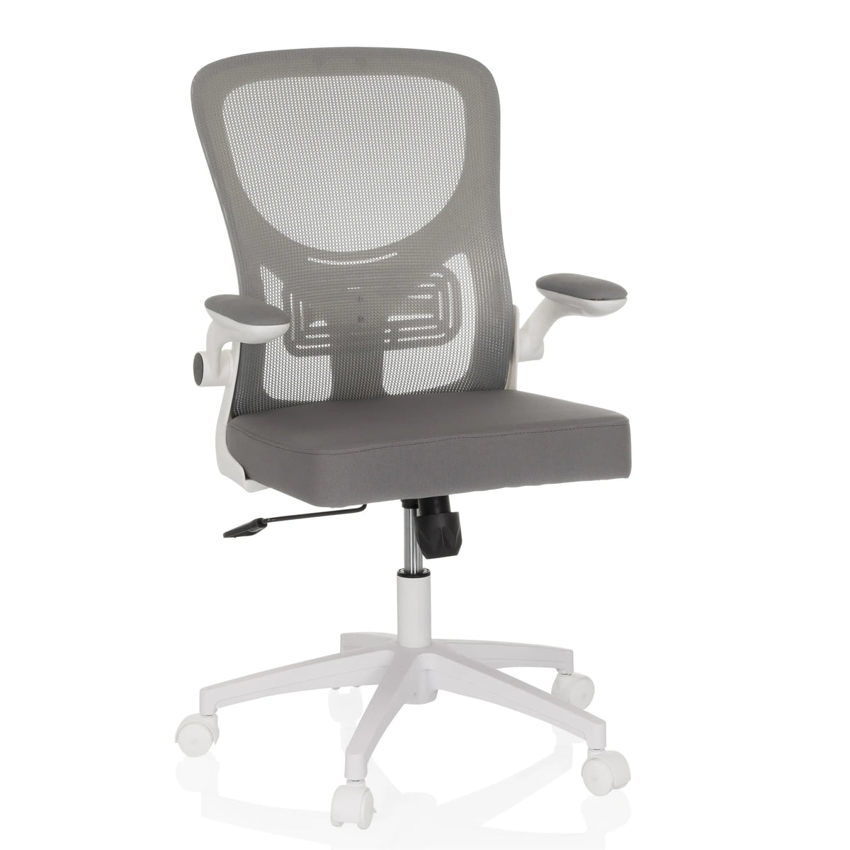Grey Home Office Chair BELIO W with mesh back and white five-caster base by hjh OFFICE – 360-degree view (front view 15°)
