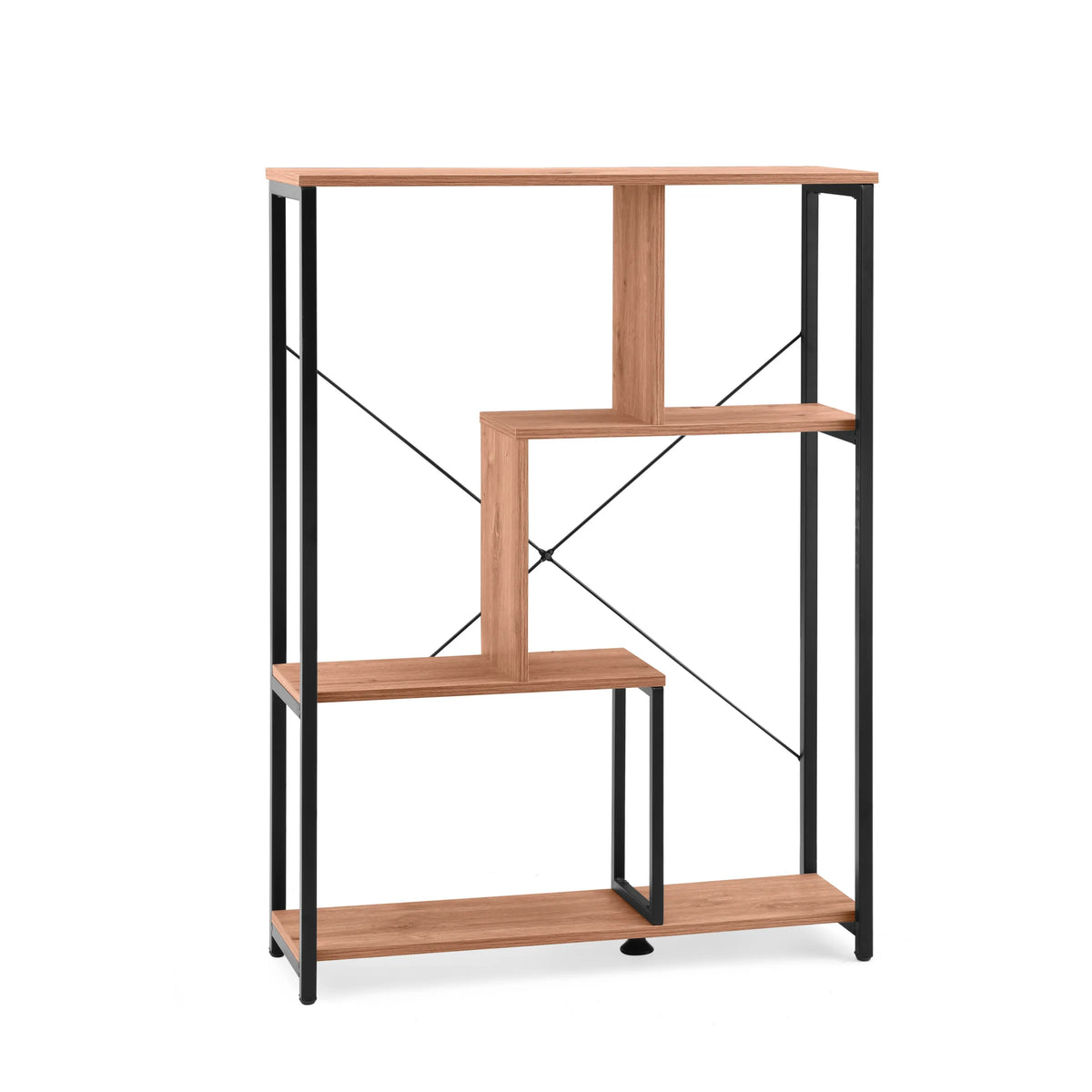 Shelf Kalag Eco in black and oak with asymmetrical shelves and cross struts by hjh LIVING – 360-degree view (front view 15°)