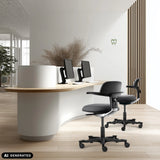 Two dark grey WORK 40 work chairs at a curved reception desk by hjh OFFICE (AI-generated image)
