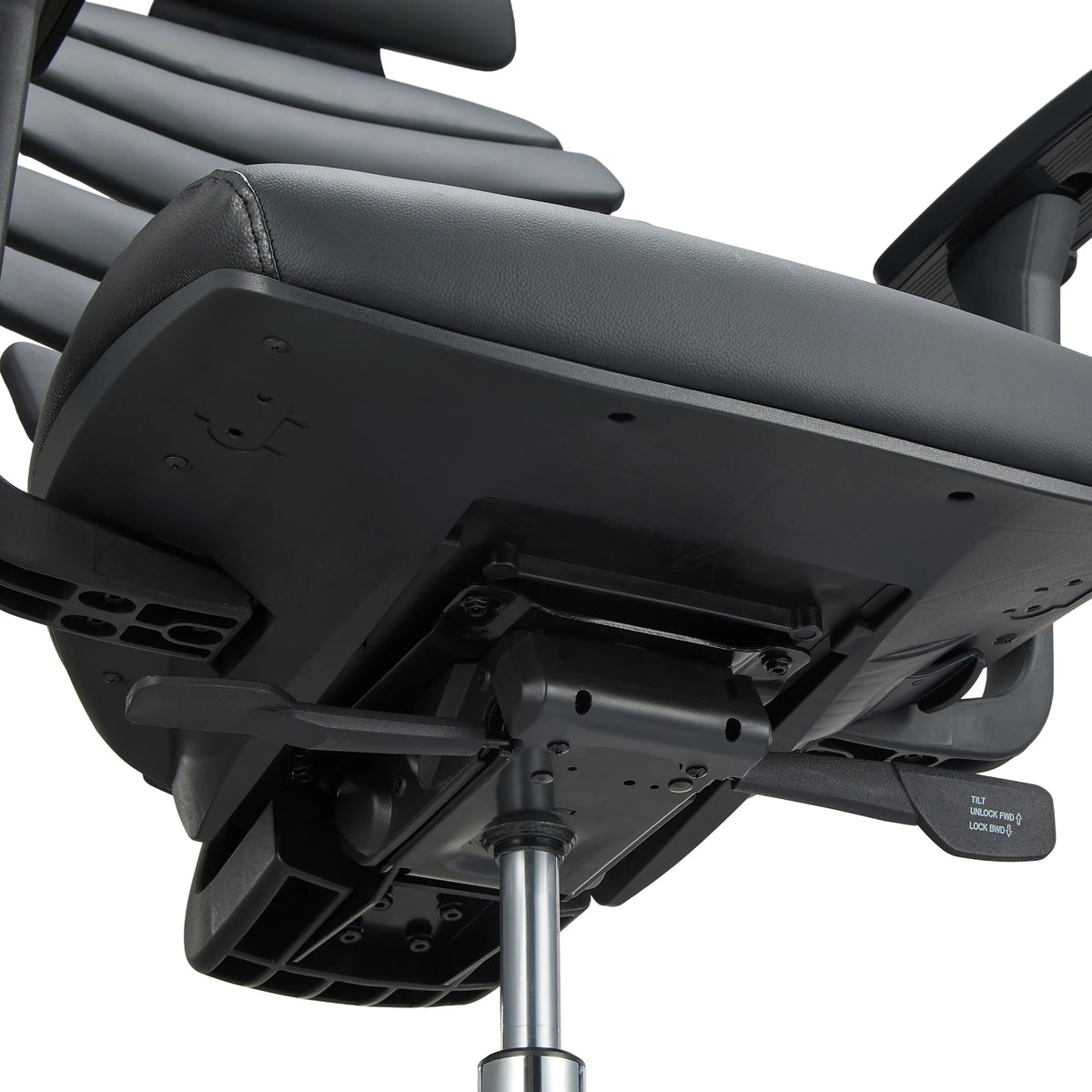 Underside of the seat with adjustment lever of the ERGO LINE II PRO Professional Office Chair in black by hjh OFFICE