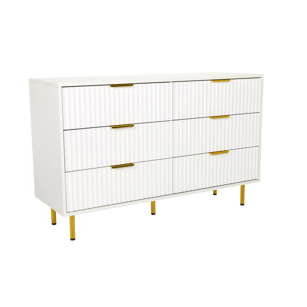 White Sideboard HJELLE with six drawers, ribbed fronts and golden legs by hjh LIVING – 360-degree view (front three-quarter view 30°)