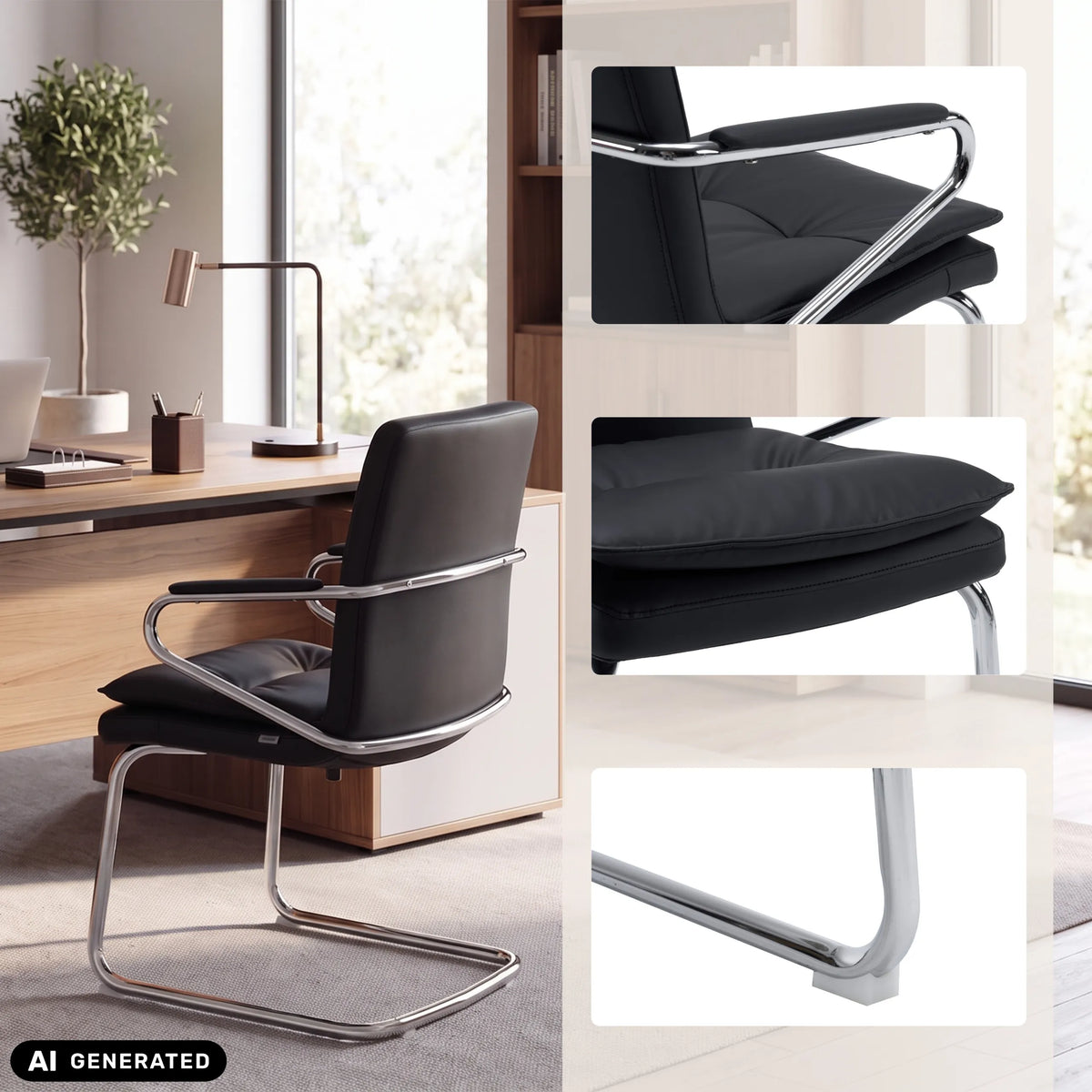 Black Rovento V cantilever chair with chrome frame and detailed views by hjh OFFICE (AI-generated image)