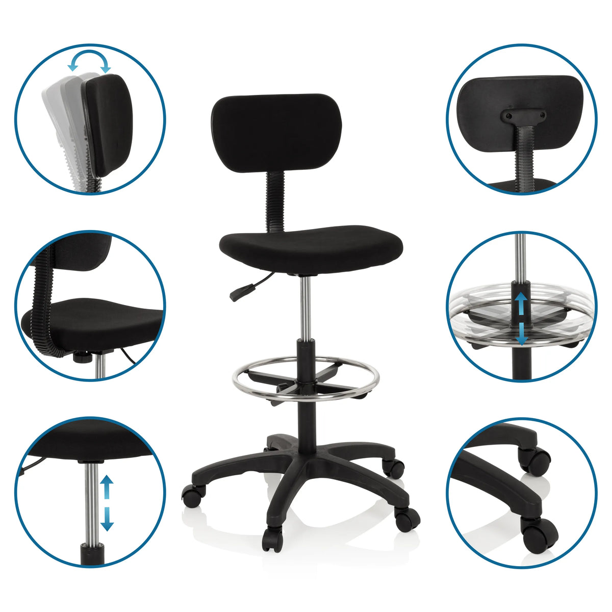 Counter chair TOP WORK 05 in black with adjustable backrest and footring by hjh OFFICE