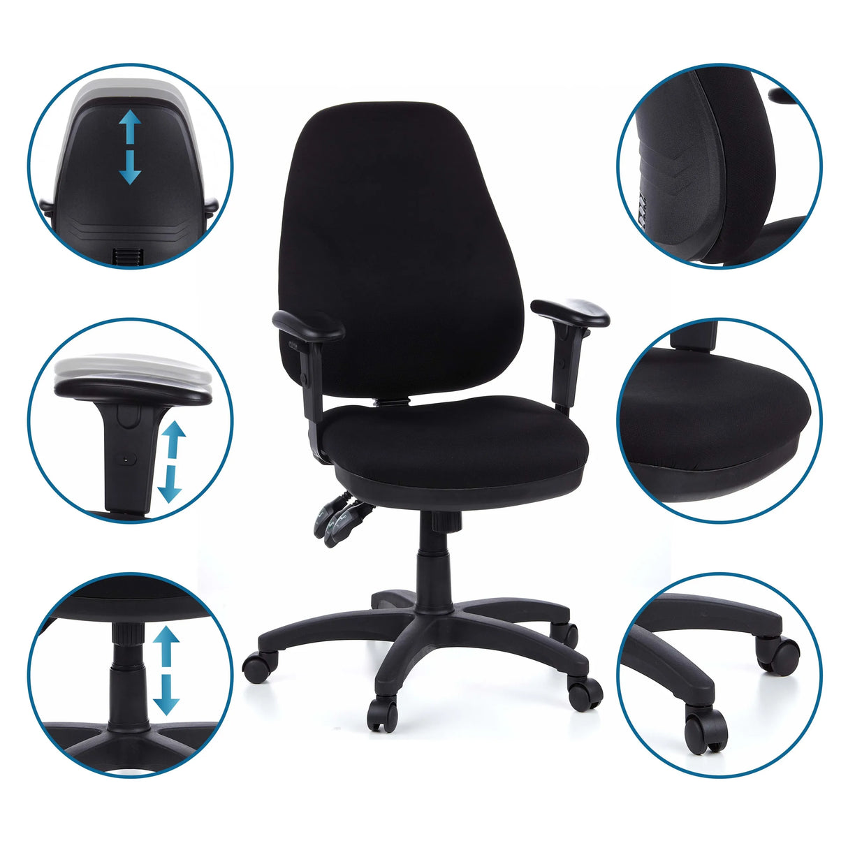 Professional Office Chair ZENIT PRO in black with various detailed views of the adjustment options by hjh OFFICE