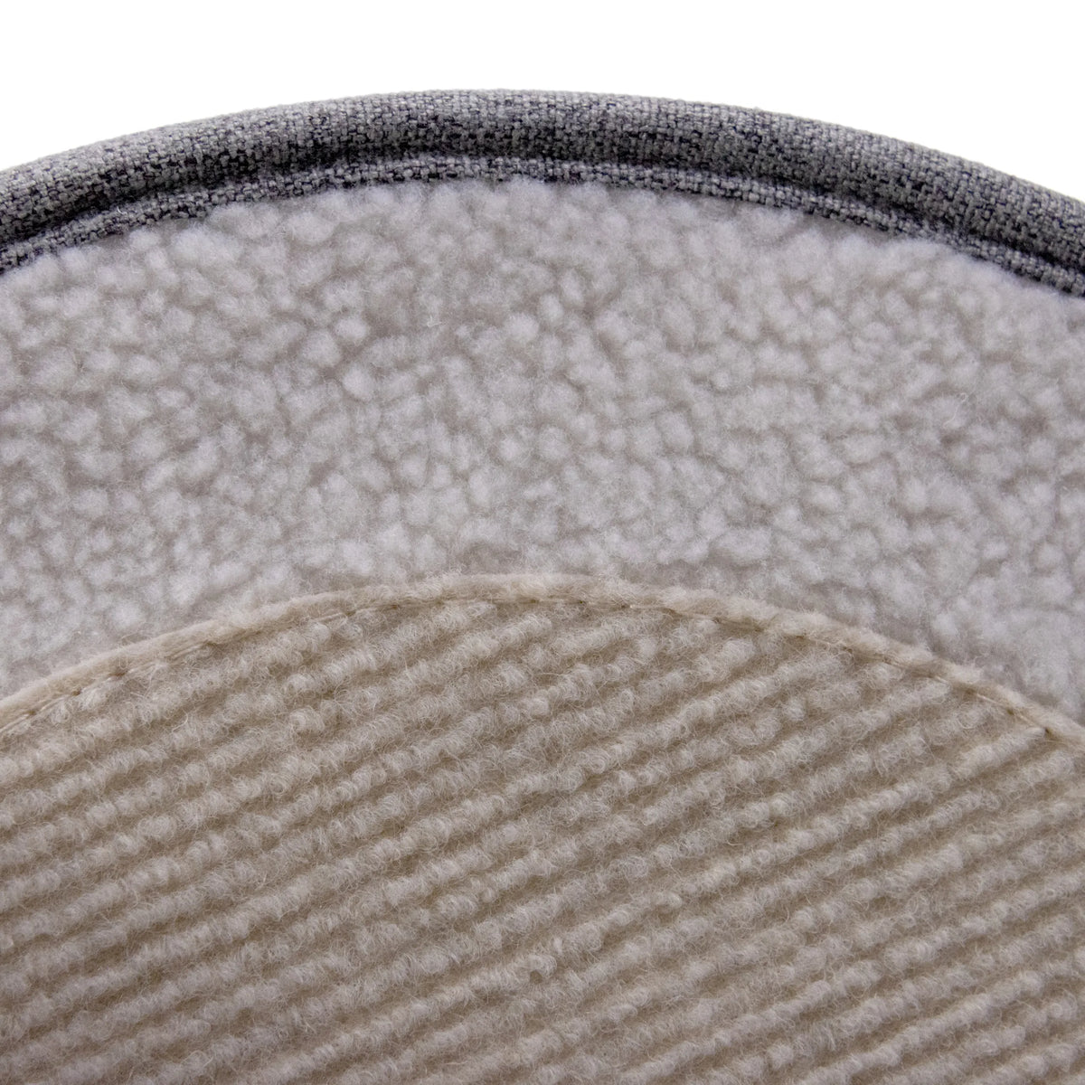 Grey material surface with fluffy lining and ribbed bottom of the PAWY R cat cave by hjh LIVING