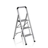 Silver aluminium Folding Ladder SOLID V with three steps and handle by hjh OFFICE – 360-degree view (front three-quarter view 40°)