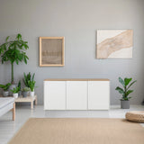 Sideboard KELO S in white with an oak top in a bright room by hjh LIVING