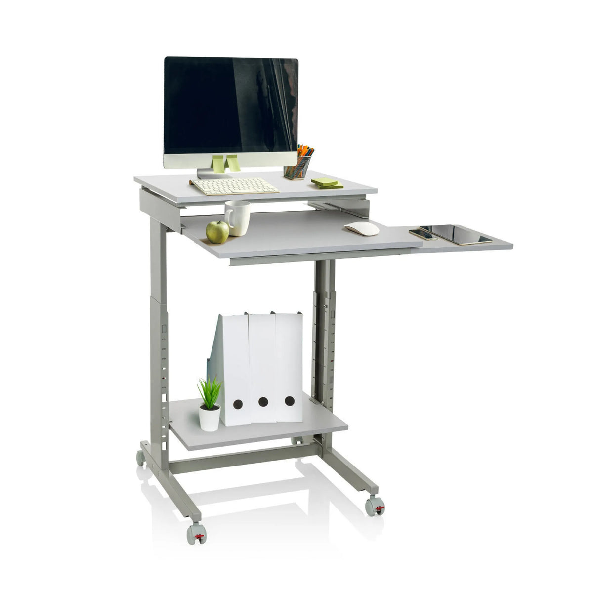 Grey Standing desk WORKSTATION with two levels, storage compartment and castors by hjh OFFICE