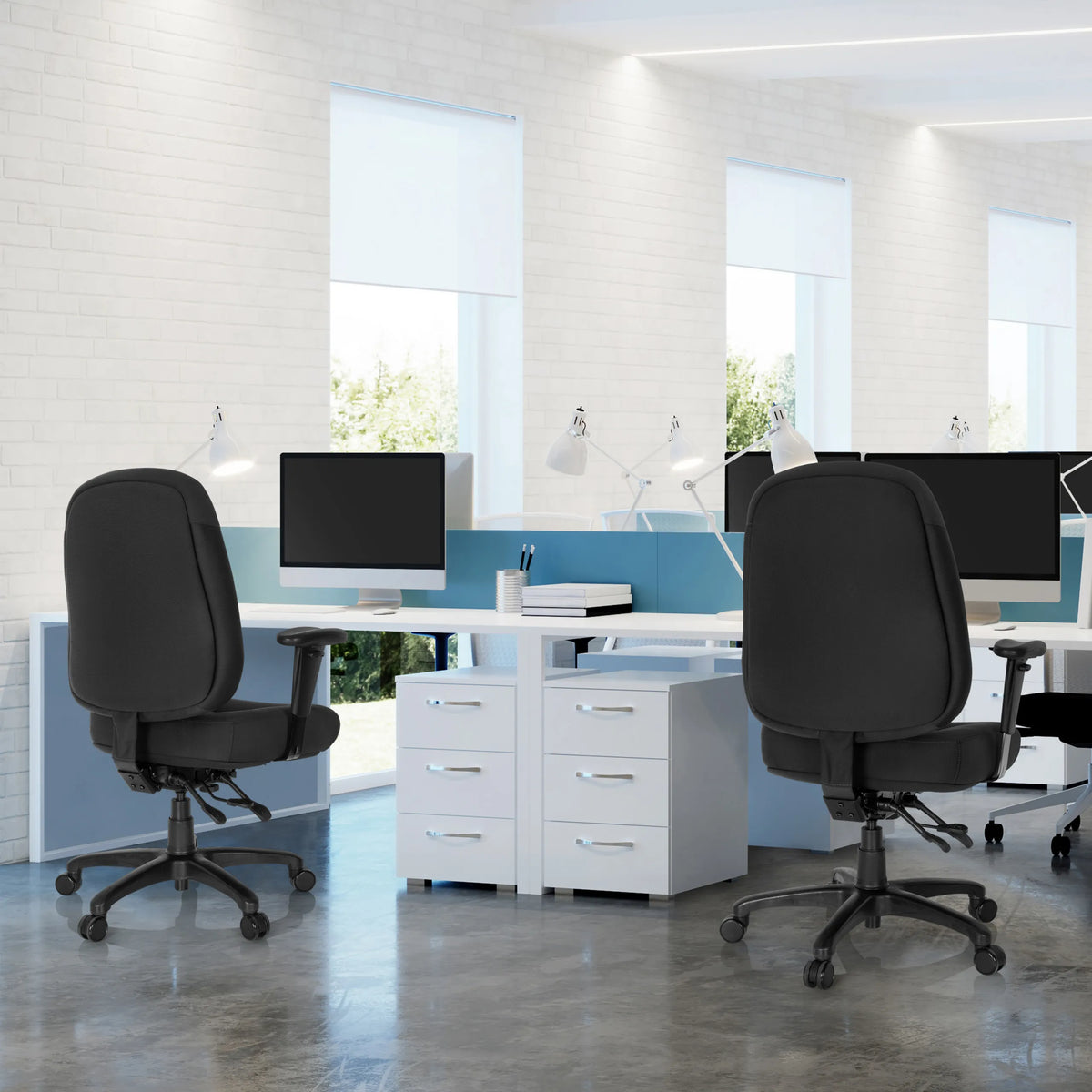 Two black Professional Office Chairs ZENIT XXL at white desks in a bright office by hjh OFFICE