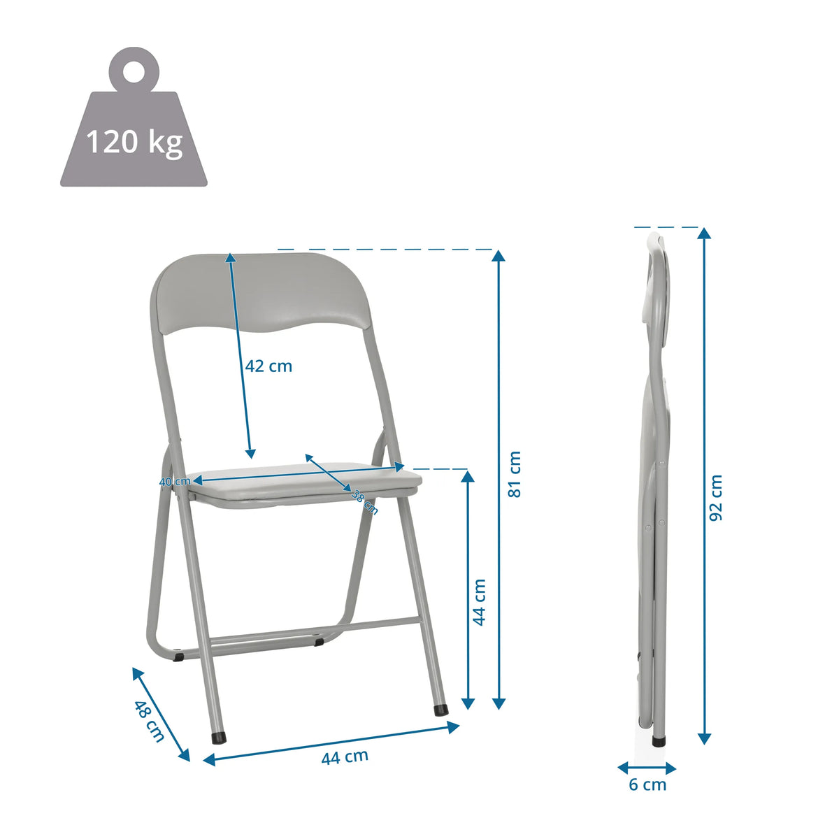 Dimensional drawing of the Folding chair TUDELA BASIC with a total height of 92 cm and a load capacity of 120 kg by hjh OFFICE