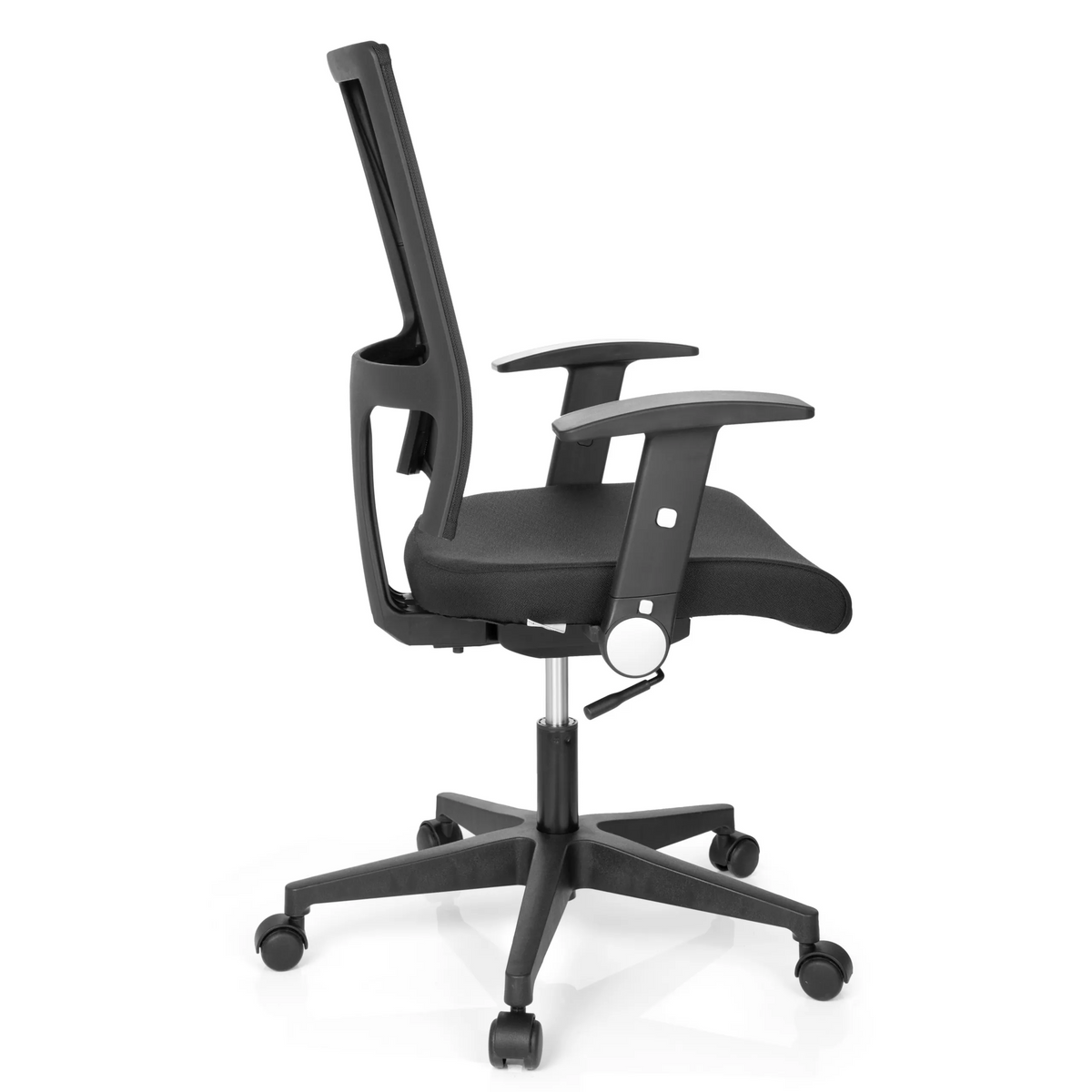 Black Home Office Chair OFFICE R8 with mesh back and five-caster base by hjh OFFICE – 360-degree view (side profile 100°)