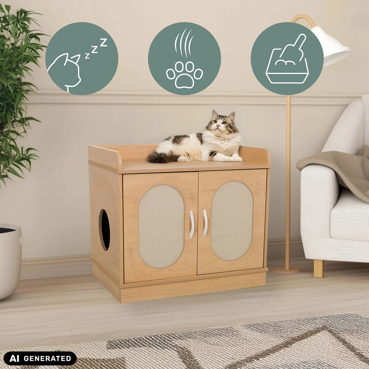 KITTYHOME 2 cat house in beech effect with two doors and a circular entrance by hjh LIVING (AI-generated image)