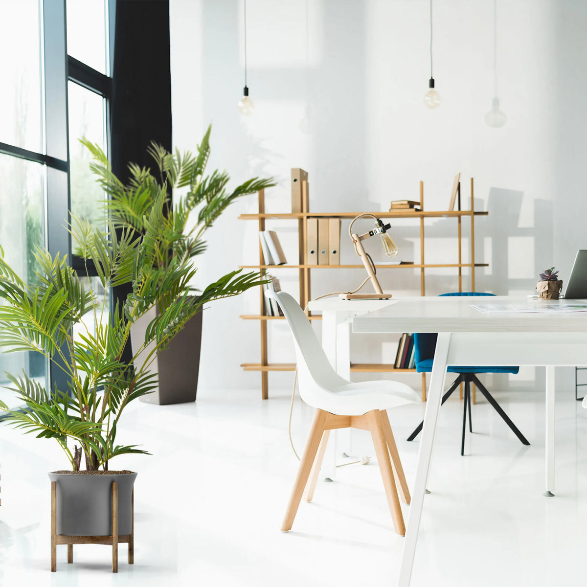 Green artificial plant ARECA I in a grey pot on a wooden stand by hjh OFFICE