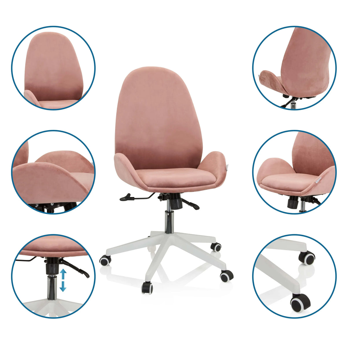 Pink Home Office Chair AVEA with detail views of backrest, gas spring and castors by hjh OFFICE