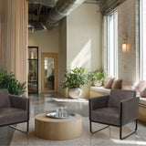 Two grey Aruba Retro Lounge Chairs with black metal frames in a modern waiting area by hjh OFFICE