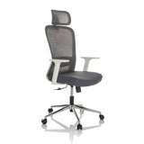 Grey Home Office Chair BELAIA W with mesh back, headrest and five-caster base by hjh OFFICE – 360-degree view (front three-quarter view 45°)